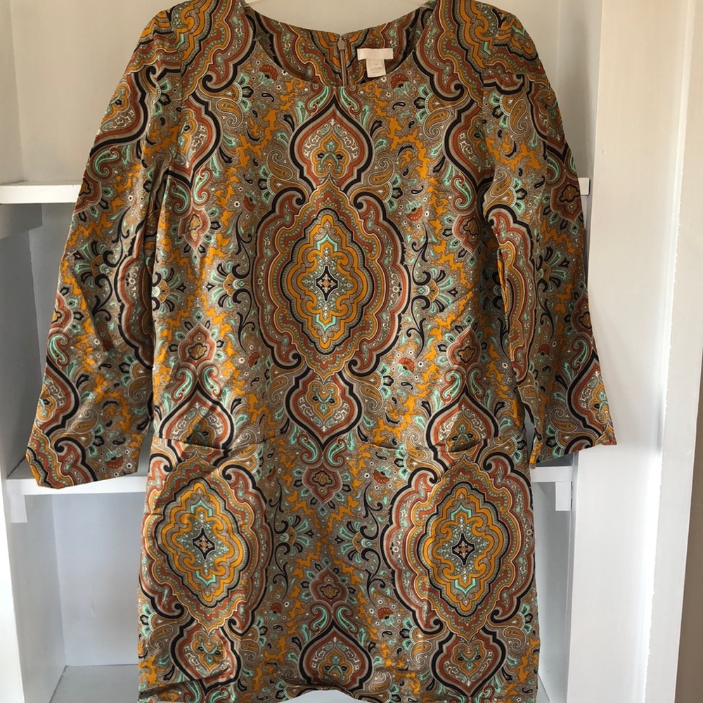 J Crew Collection 100% Silk Jules Gold Paisley Dress With Pockets Womens Size 6